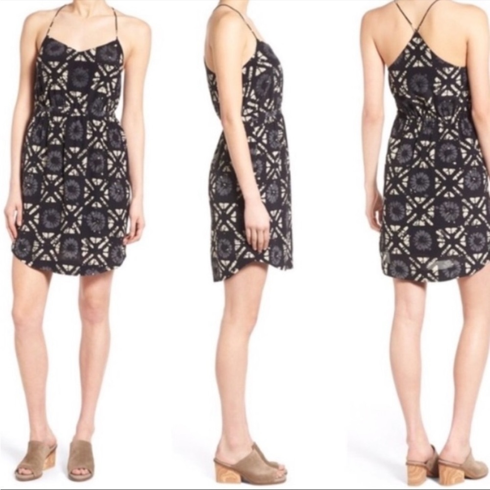 Madewell 100% silk Starview Batik Grid black gray cream mini dress w pockets